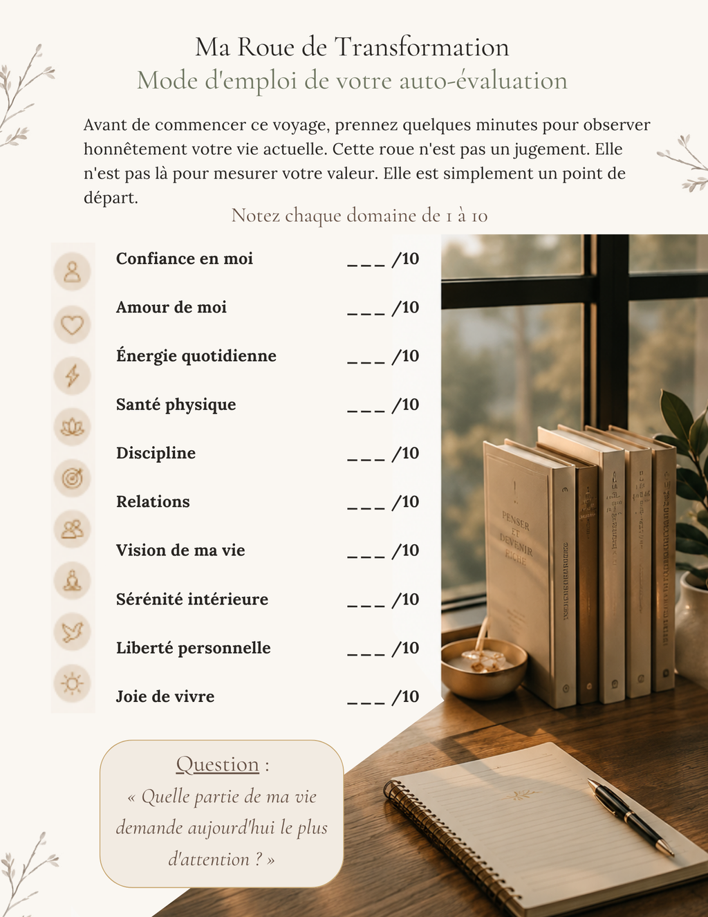 Page d'auto-évaluation de l'ebook Les Règles d'or pour évaluer les domaines de sa vie de 1 à 10