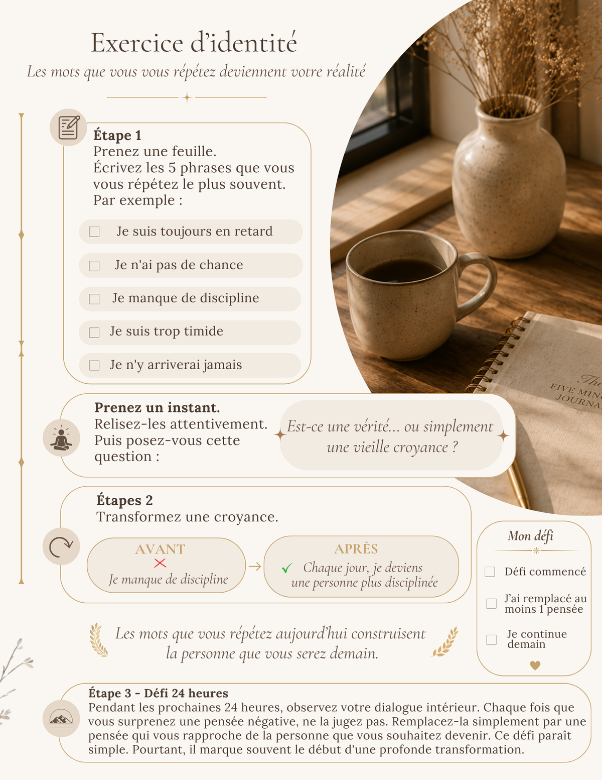 Exercices d'identité de l'ebook Les Règles d'or en 3 étapes avec défi de transformation personnelle